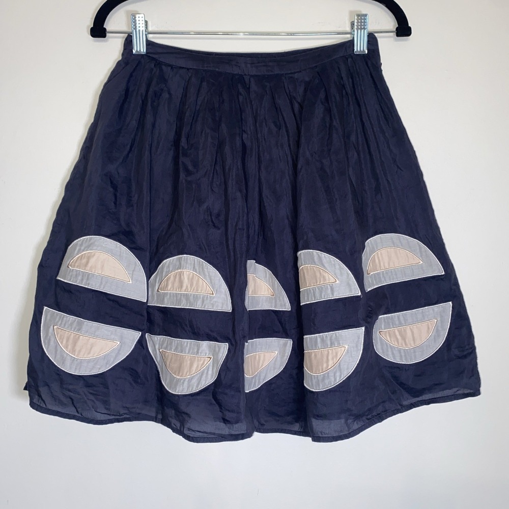 Frenchic Y2K Navy Pleated A Line Skirt Cotton Silk Mod Applique Indie Size Small